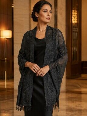 Anthropologie Ahujasons Beaded Merino Wool Blend Jacquard Evening Wrap Shawl